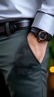 Close-up of male hand in pocket wearing elegant black and rose gold wristwatch with white shirt sleeve and dark trousers, representing luxury lifestyle.