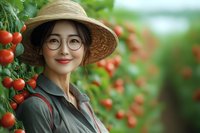 Young Asian woman in straw hat and glasses smiling in tomato greenhouse, surrounded by ripe red tomatoes on vines during harvest season.