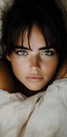Close up portrait of young woman with freckles, blue eyes and dark bangs lying on white linen bedding. Natural beauty and skincare concept.