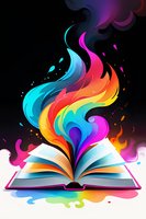 Open book with vibrant rainbow flames and magical smoke rising from pages against black background, creating mystical reading atmosphere for fantasy literature.