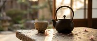 Traditional Japanese cast iron teapot and ceramic cup on wooden table in serene indoor setting with natural window light for tea ceremony and mindfulness.