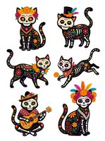 Day of the Dead cats with colorful floral skulls, decorative patterns, and festive ornaments isolated on white background. Perfect for t-shirt designs and clipart.