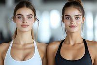Portrait of two young athletic women in sports bras standing together at gym. Caucasian female fitness models with natural makeup and hair in buns looking at camera.