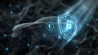 Sleek car with glowing shield and digital security icons representing cybersecurity protection, data encryption, and connected vehicle technology for automotive safety solutions.