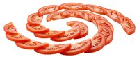 Fresh ripe tomato slices arranged in spiral pattern on white background, isolated produce for culinary and food design projects.