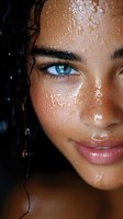 Close-up portrait of young mixed race woman with striking blue eyes, wet skin with water drops, dark curly hair, and natural makeup in beauty photography style.