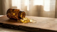 Amber glass bottle with yellow vitamin capsules spilled on wooden table in soft natural light for health and wellness supplement concepts.
