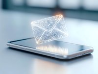 Glowing digital envelope icon floating above smartphone screen with sparkle effects and light rays, representing electronic communication and mobile messaging.
