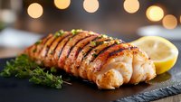 Grilled lobster tail with herbs and lemon slice served on black slate plate against blurred bokeh lights background, close up view of gourmet seafood dish.