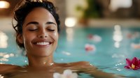 Young Hispanic woman relaxing in spa pool with floating pink lotus flowers, eyes closed with serene smile, wellness and self care concept for spa marketing.