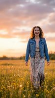 Young woman with curly reddish-brown hair and fair complexion standing in wildflower meadow at golden hour sunset, wearing denim jacket and floral dress, smiling at camera for lifestyle and portrait use.