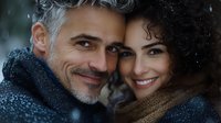 Mature Caucasian man with gray hair and young brunette woman smiling together in winter snow, wearing cozy sweaters. Romantic couple portrait for holiday campaigns.