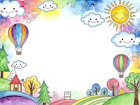 Colorful watercolor frame with smiling clouds, hot air balloons, sun and trees on white background. Cheerful border for children designs and greeting cards.