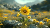 Vibrant yellow wildflowers blooming in rocky mountain meadow with soft-focus background of peaks and golden field at sunset.