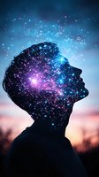 Silhouette profile with cosmic galaxy overlay showing stars, nebula and constellation patterns in vibrant blue and purple colors against sunset sky background.