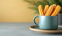 Crispy churros served in turquoise ceramic cup on saucer against blurred warm background. Traditional Spanish dessert with selective focus and copy space.