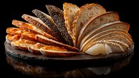 Sliced artisan bread assortment on dark stone board showing variety of fresh baked loaves from white to whole grain in fan arrangement with dramatic lighting.