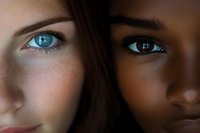 Close-up of two women with striking blue eyes and dark hair, showcasing diverse skin tones and natural beauty for cosmetics, beauty, and diversity concepts.