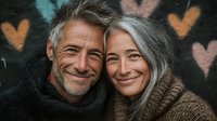 Happy mature couple embracing outdoors with heart-shaped bokeh lights in background. Romantic senior man and woman smiling together for Valentine's Day celebration.