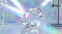 Crystal prism refracting rainbow light beams in laboratory setting with scientific equipment and colorful spectrum dispersion effects.