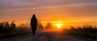 Silhouetted figure walking on rural road at golden sunrise with bare trees and warm sky, suitable for motivational and travel concepts.