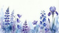 Watercolor purple and blue wildflowers border with lupines, iris and bellflowers on white background for spring garden designs and botanical decorations.