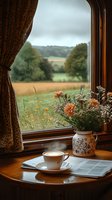 Cozy morning scene with cappuccino, newspaper and fresh flowers in ceramic vase by window overlooking peaceful countryside meadow with golden wildflowers and rolling hills.