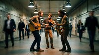 Street musicians performing acoustic music in urban subway tunnel with commuters walking by creating dynamic motion blur atmosphere.
