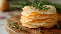 Thinly sliced raw potato stack seasoned with fresh rosemary, thyme and black pepper on wooden cutting board, macro food photography with soft focus.