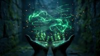 Digital cloud computing technology with glowing green data streams floating above open hands against dark background for tech presentations.