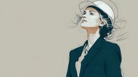 Stylish young woman in white cap and dark blazer looking up with confident expression on neutral beige background for fashion and lifestyle designs.