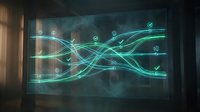 Futuristic holographic display showing glowing data flow lines with checkmarks, representing digital workflow and process optimization in a dark room.