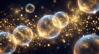 Floating transparent bubbles with golden sparkles and bokeh lights on dark starry background for luxury design and magical atmosphere concepts.