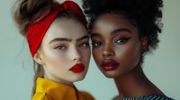 Portrait of two diverse young women with bold makeup and vibrant fashion elements against minimal background. Beauty concept highlighting contrasting skin tones and makeup styles.