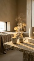 Steaming coffee cups on rustic wooden table in warm sunlit bedroom interior with natural textures and cozy atmosphere for morning relaxation concept.