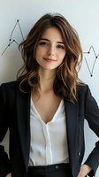 Young professional woman in business attire smiling confidently against white wall with graph line. Brown wavy hair, black blazer and white blouse create modern corporate look.