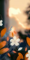 Delicate white flowers with orange and navy leaves against blurred sunset background create dreamy botanical composition for wall art and greeting cards.