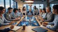 Corporate team meeting in modern conference room with diverse professionals gathered around wooden table, using laptops and tablets for business discussion and collaboration.