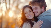 Young romantic couple embracing outdoors at sunset with golden bokeh background, showing genuine happiness and tender moment between partners.