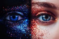 Creative macro shot of blue and red glitter makeup around bright eyes, split composition showing contrasting sparkly cosmetic art on female face. Professional beauty photography.