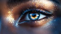 Macro shot of bright blue eye with artistic gold and blue glitter makeup, dramatic black eyeliner and shimmering eyeshadow creating magical fantasy look.