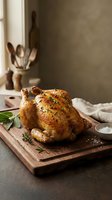 Golden roasted whole chicken with herbs on wooden cutting board in rustic kitchen setting for holiday dinner preparation and cooking concepts.