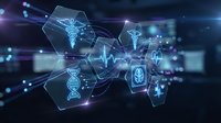 Digital healthcare technology concept with medical symbols, DNA helix, heartbeat monitor and caduceus icons floating in futuristic holographic interface.