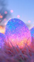 Glowing magical sphere with sparkling purple and pink gradient nestled in soft grass at sunset, dreamy bokeh lights in background creating ethereal atmosphere.