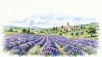 Watercolor lavender field landscape with a rustic village, cypress trees, and rolling hills under a cloudy sky, isolated on white background.