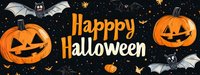 Festive Halloween banner with glowing jack o lantern pumpkins, flying bats and orange lettering on dark starry background. Spooky holiday decoration pattern.