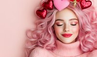 Young woman with pink curly hair and bright makeup wearing pink sweater smiling with closed eyes, red heart decorations above head on pink background.