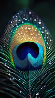 Peacock feather with water droplets displaying vibrant iridescent colors of blue, green and gold against dark background, macro photography with bokeh effect.