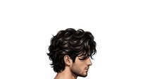 Handsome young man with dark wavy hair and facial stubble, isolated on white background, suitable for grooming, barbershop, and men's lifestyle design projects.