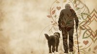 Elderly man walking with dog on vintage textured background with decorative floral elements and warm autumn tones for greeting cards and lifestyle designs.